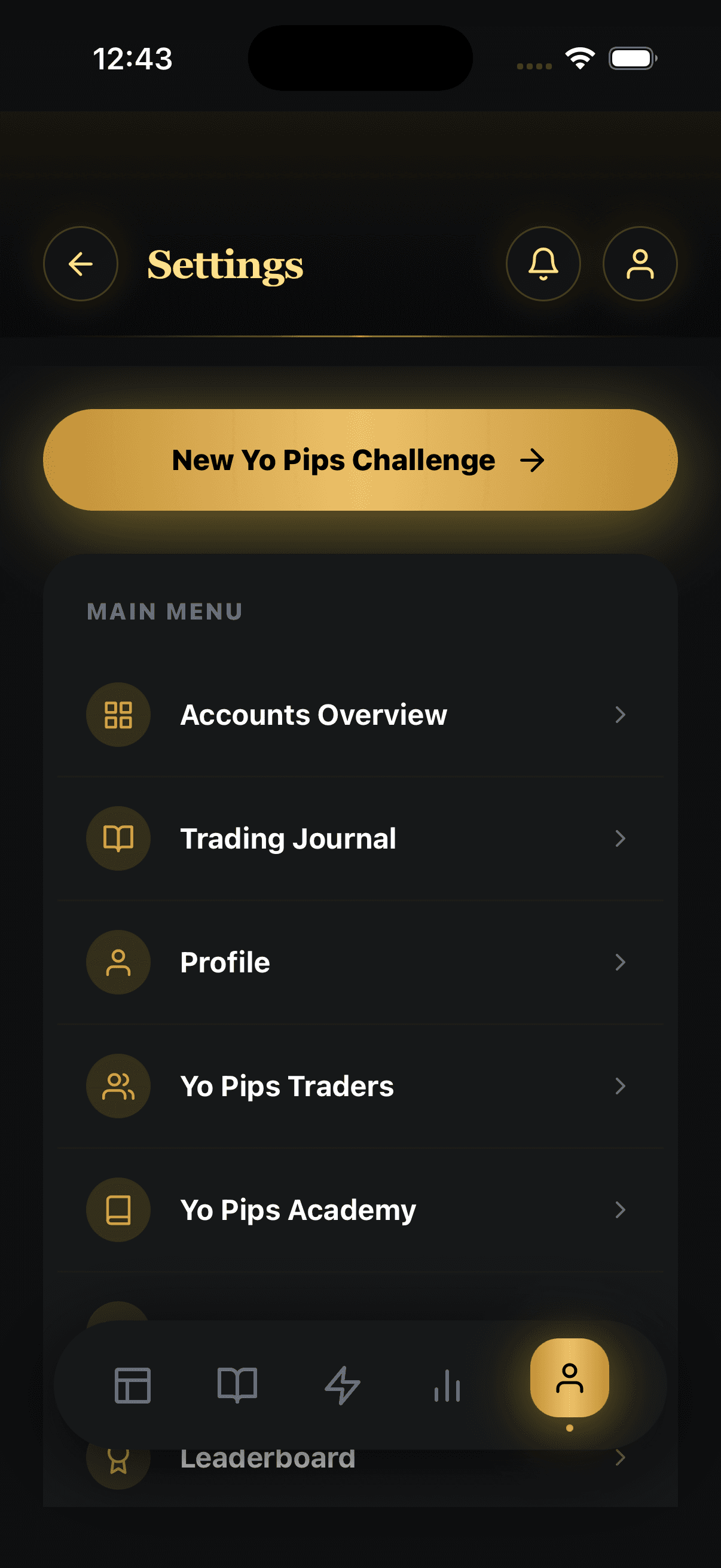 YoPips app main menu with the profile tab highlighted