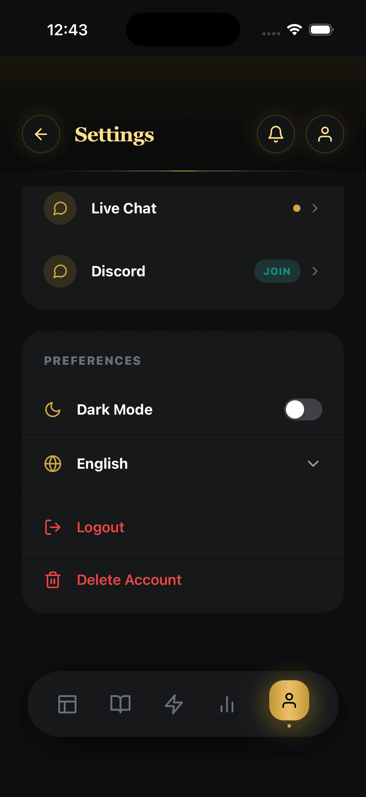 YoPips settings screen with Delete Account visible