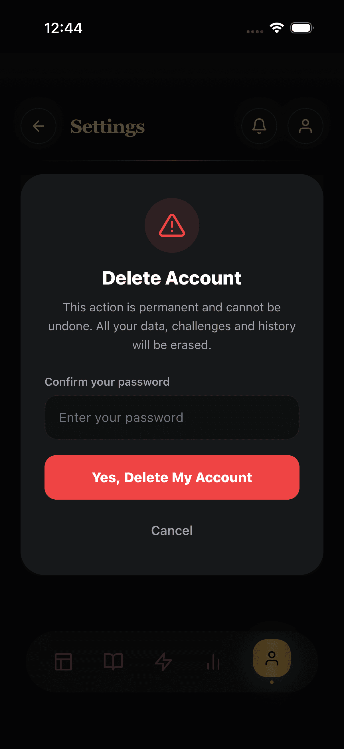 YoPips delete account confirmation modal with password field