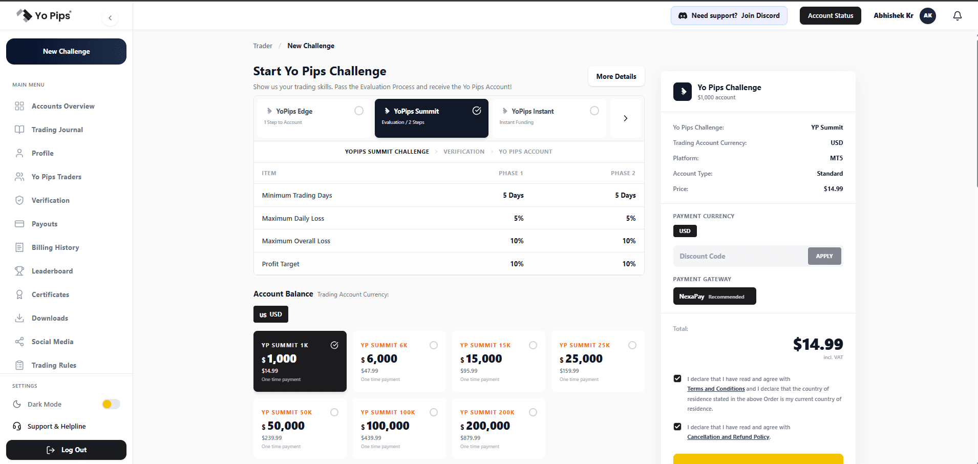 Step 2 — Open the YoPips checkout summary