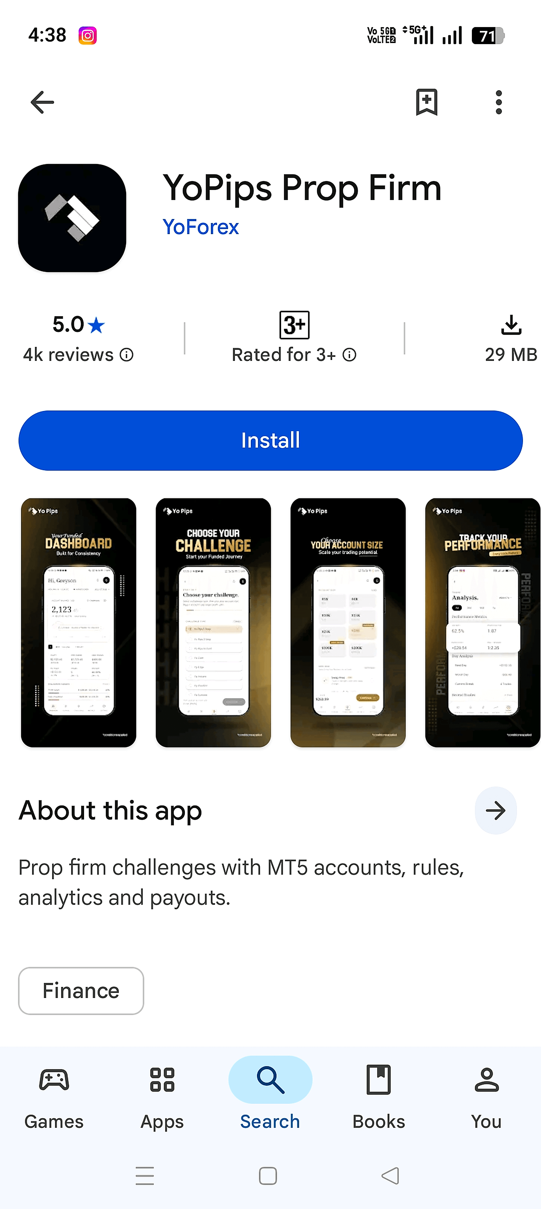 YoPips Prop Firm Google Play rating and review