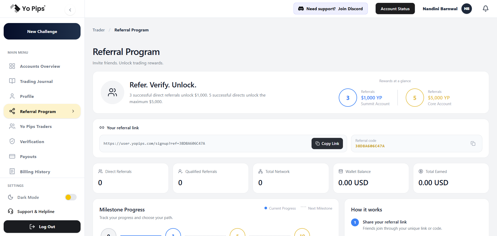 Yo Pips Referral Program dashboard with referral link and reward overview