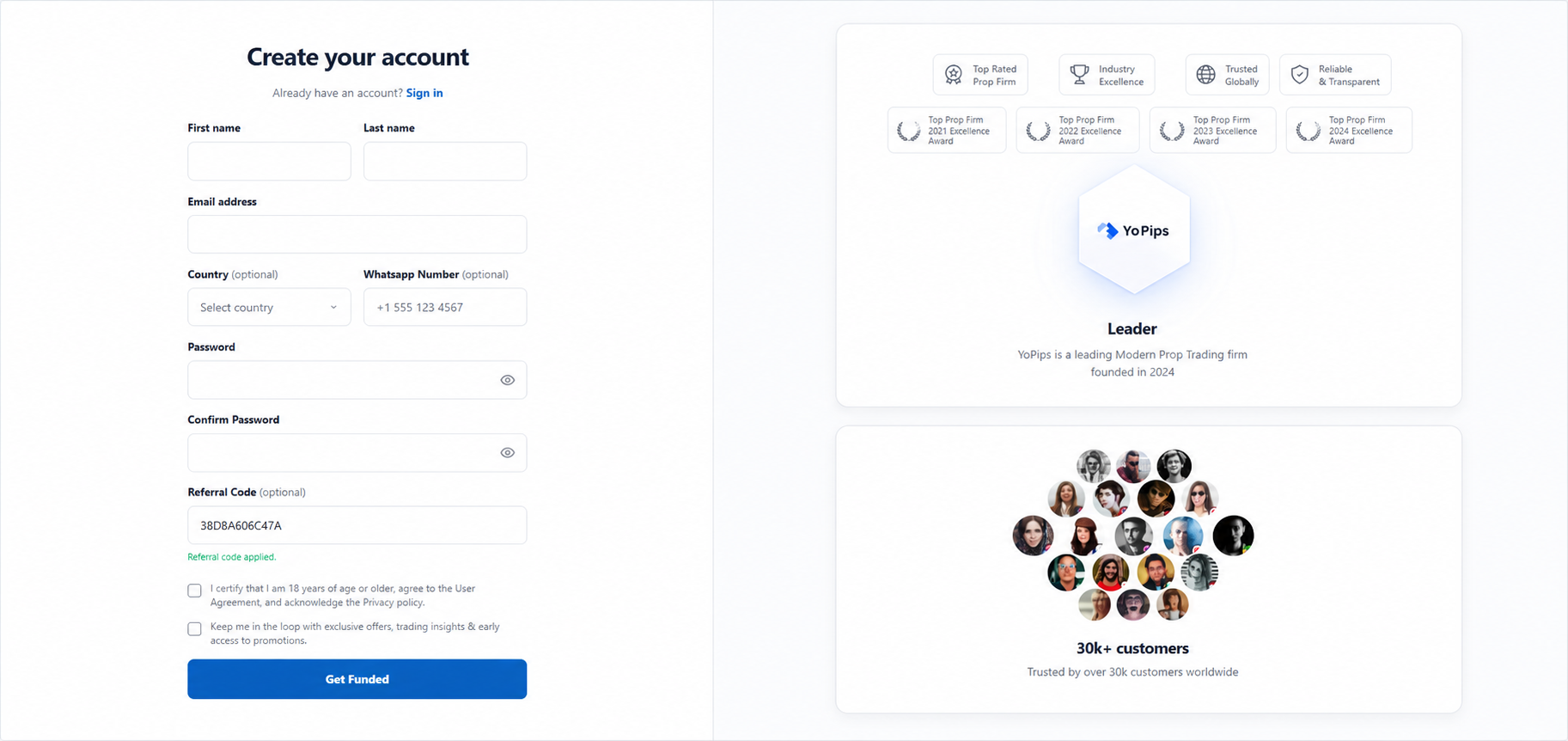Yo Pips account registration page with referral code applied
